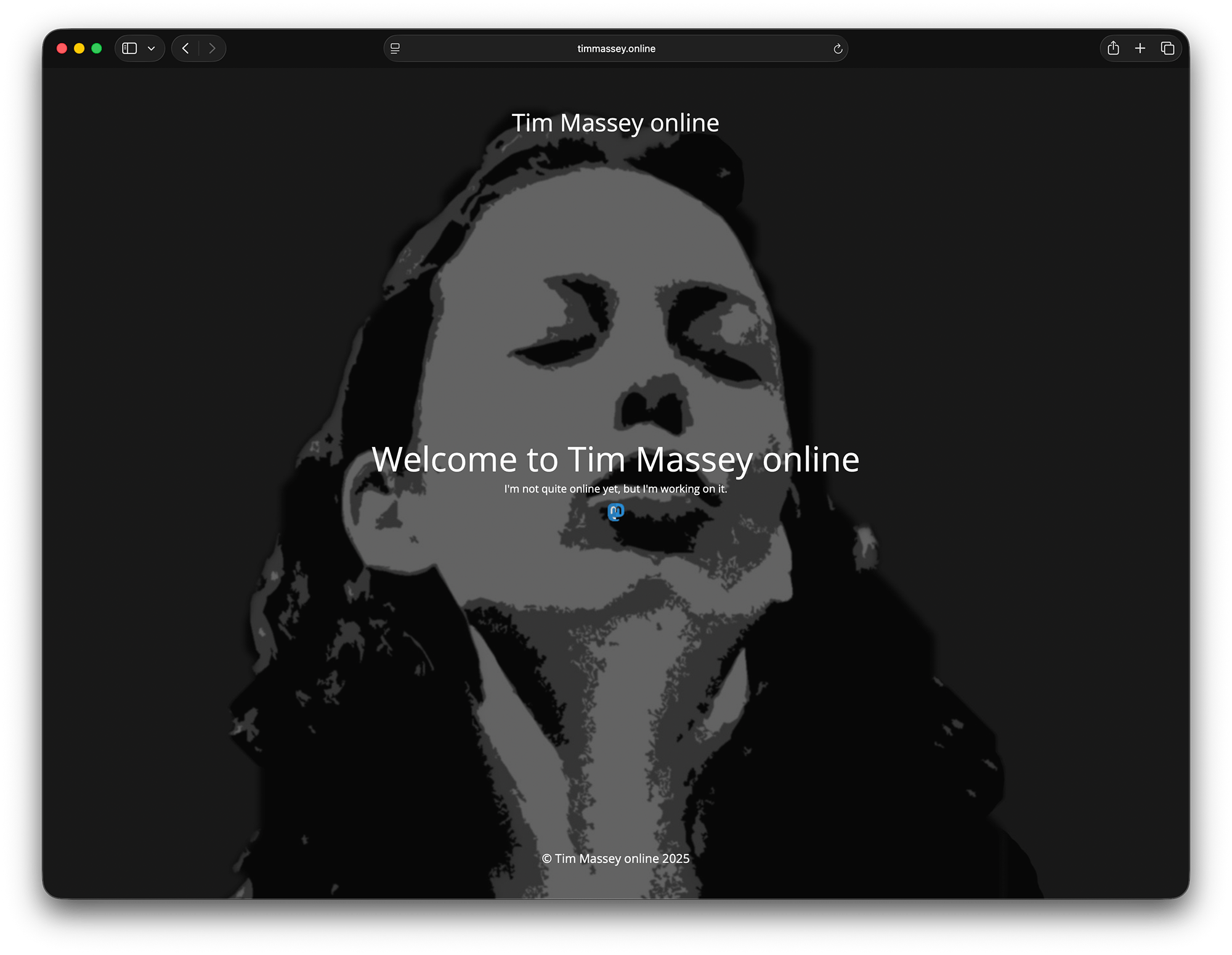 Maintenance page with a stylised background image and a simple ‘Still working on it’ message.