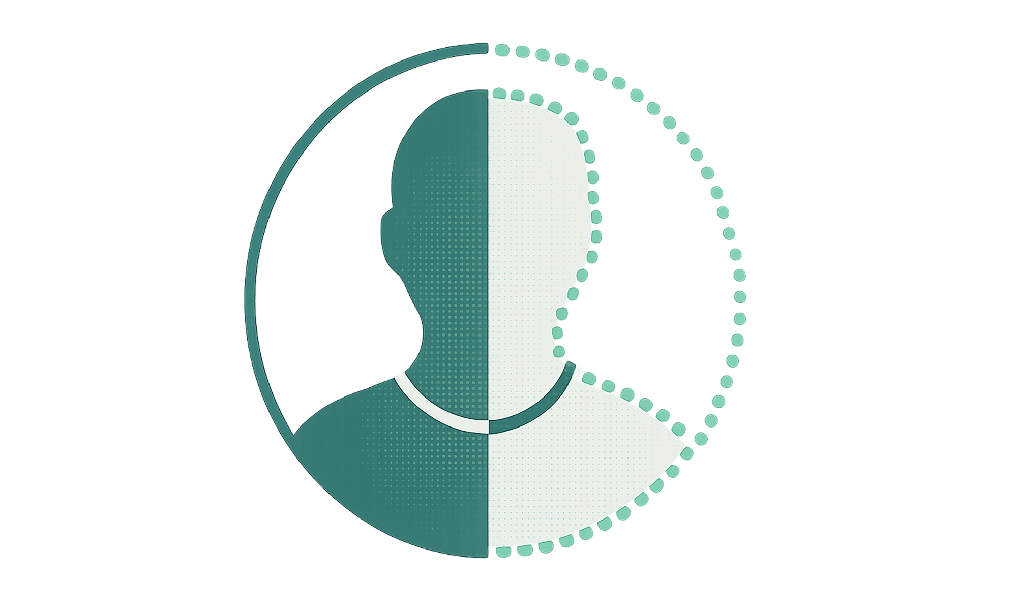 Minimalist half-formed avatar silhouette inside a circle with partial dotted outline