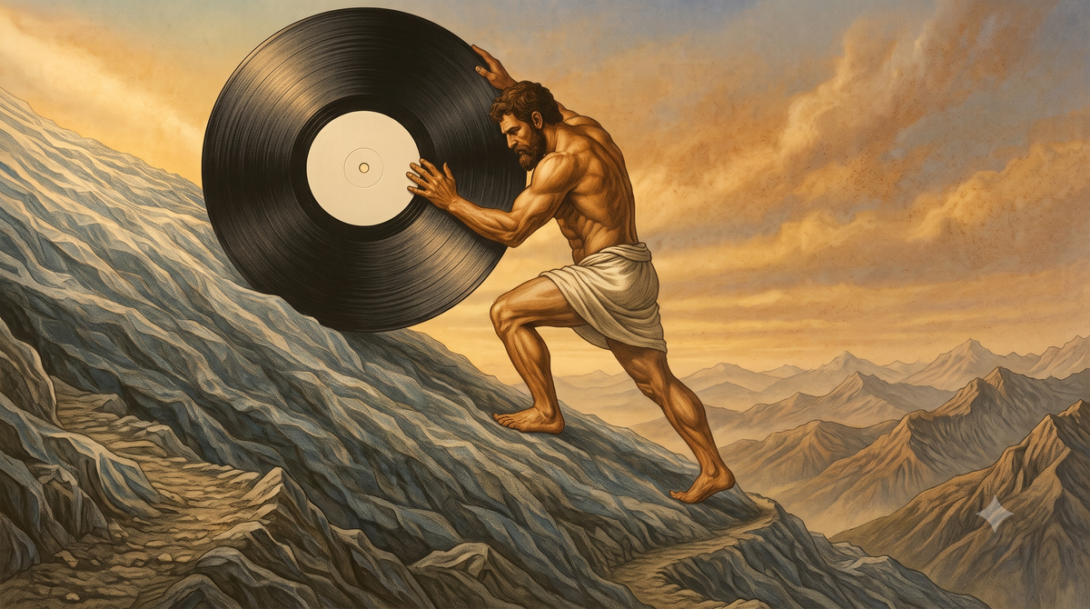 Sisyphus wearing a loincloth, pushing a giant vinyl record with a blank white label up a steep, rocky mountain against a warm, golden sky