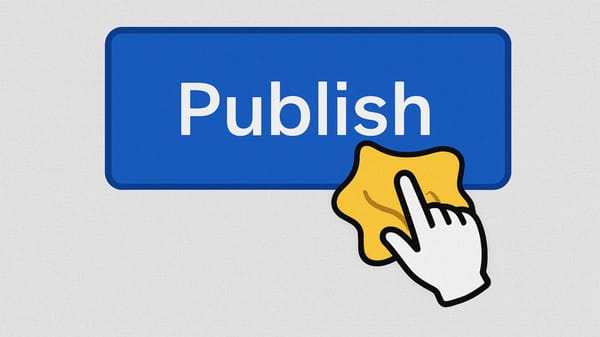 An illustration of a mouse pointer holding a yellow duster while hovering over a blue ‘Publish’ button.